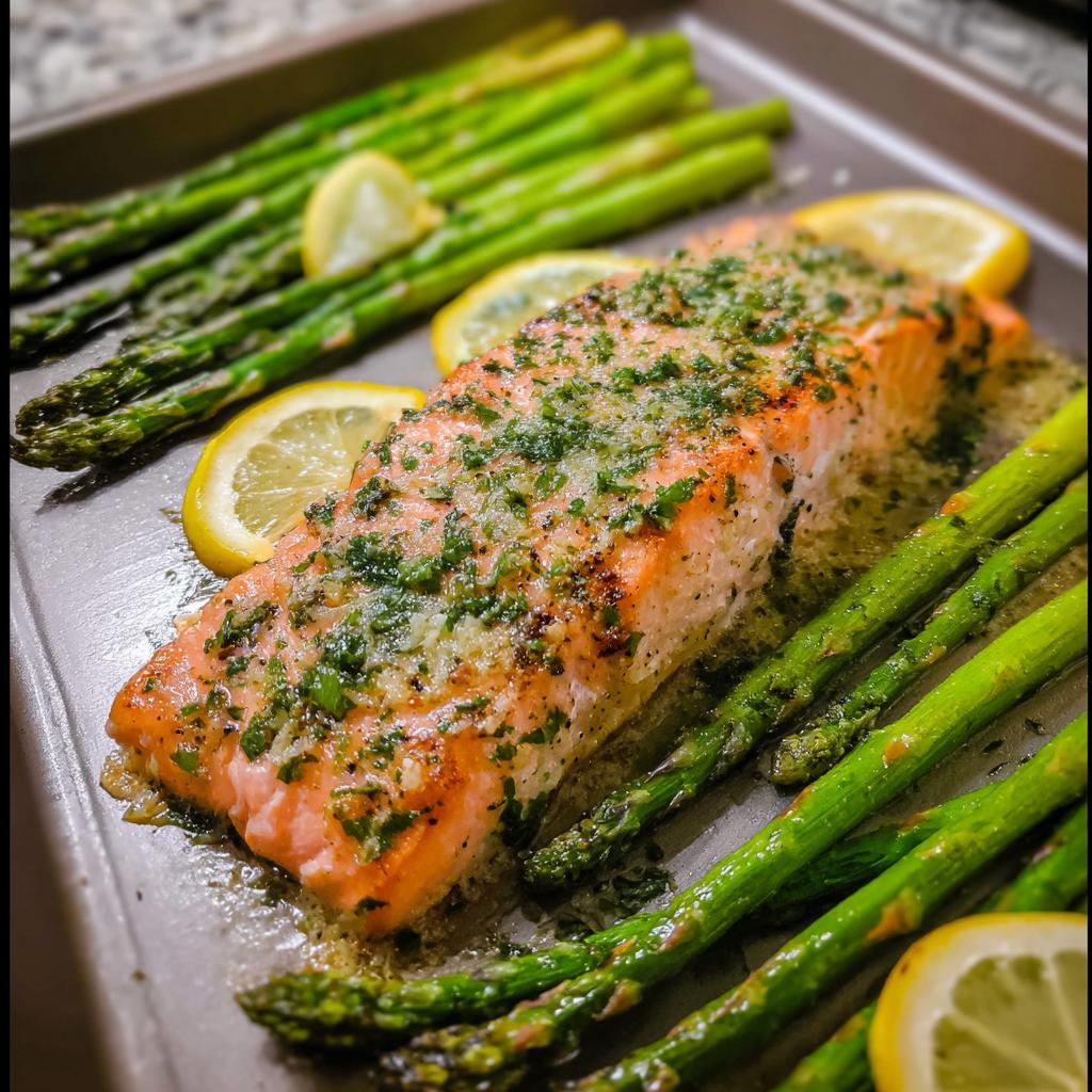 A beautifully cooked fillet of Garlic Butter Salmon & Asparagus on a baking sheet, garnished with lemon slices.