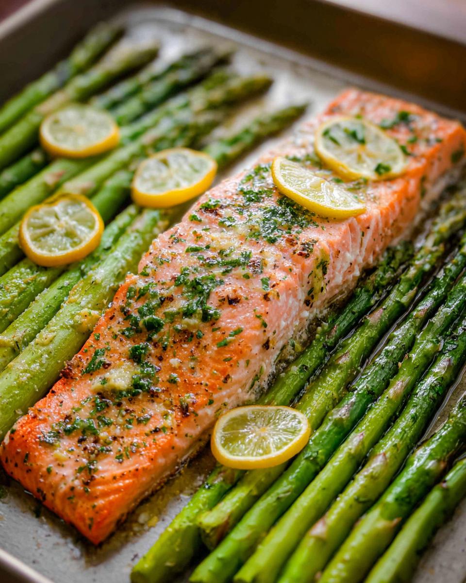 A perfectly cooked fillet of Garlic Butter Salmon & Asparagus topped with lemon slices on a baking sheet.