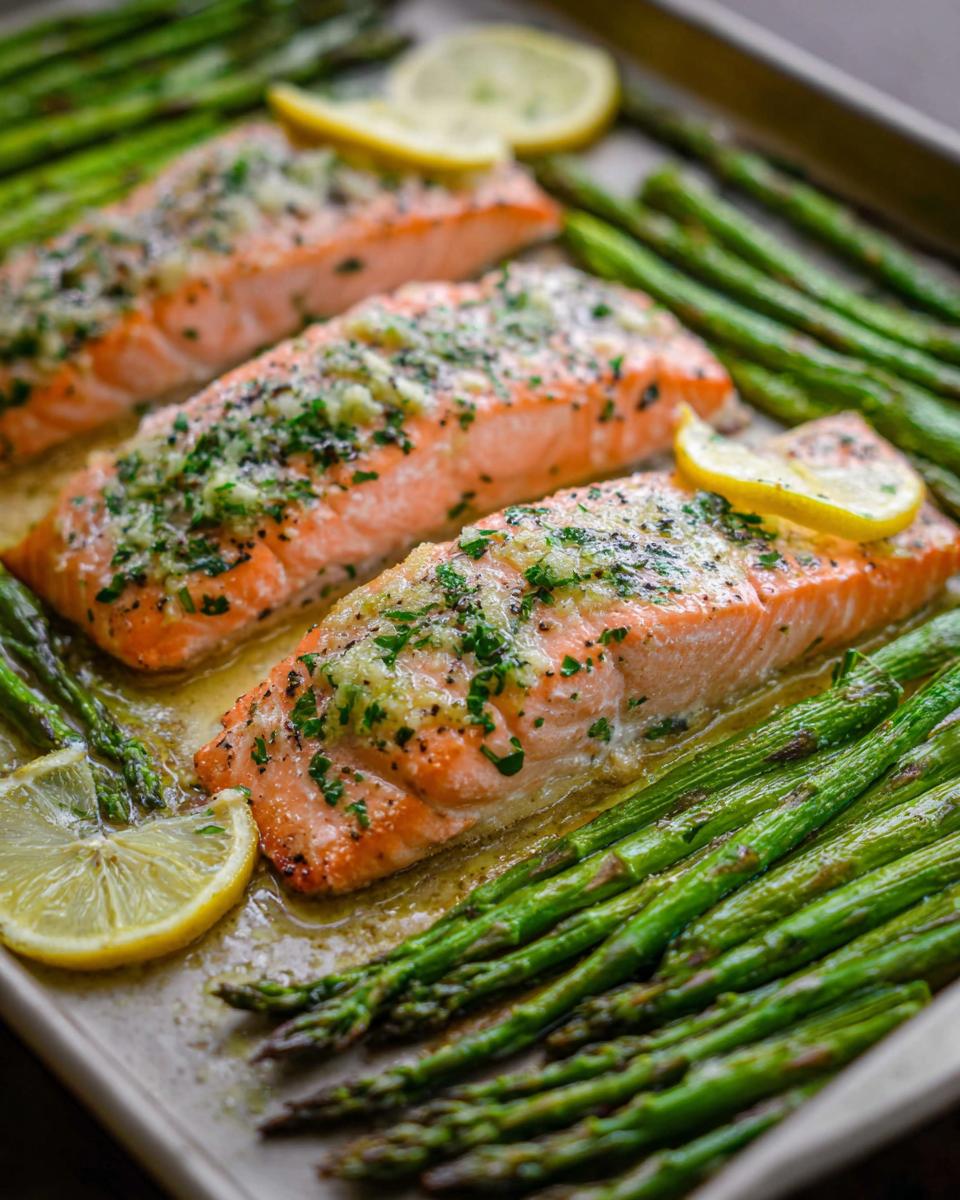 Three fillets of Garlic Butter Salmon & Asparagus baked on a sheet pan, garnished with lemon slices.