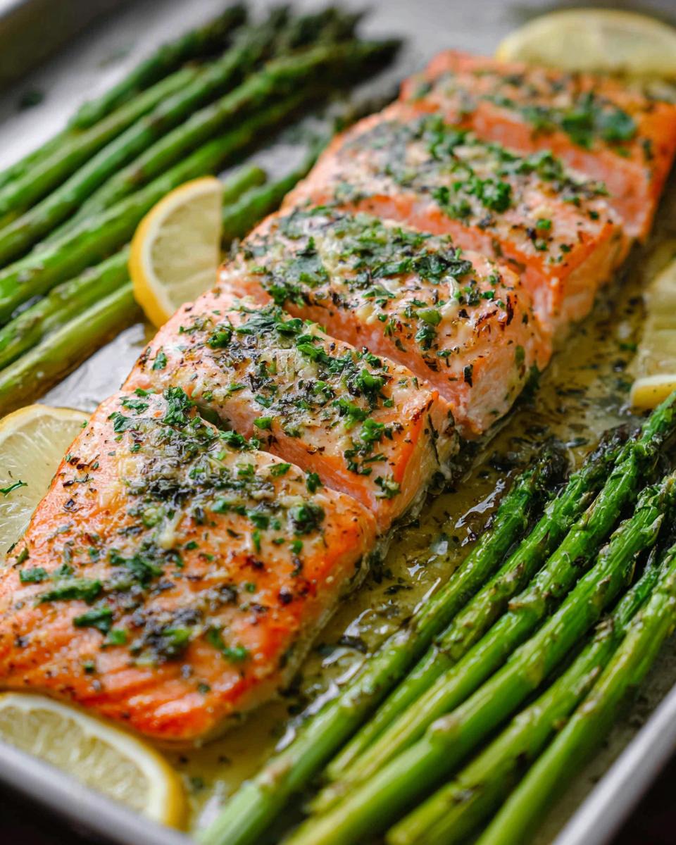 Close-up of baked Garlic Butter Salmon & Asparagus, seasoned with herbs and lemon slices.