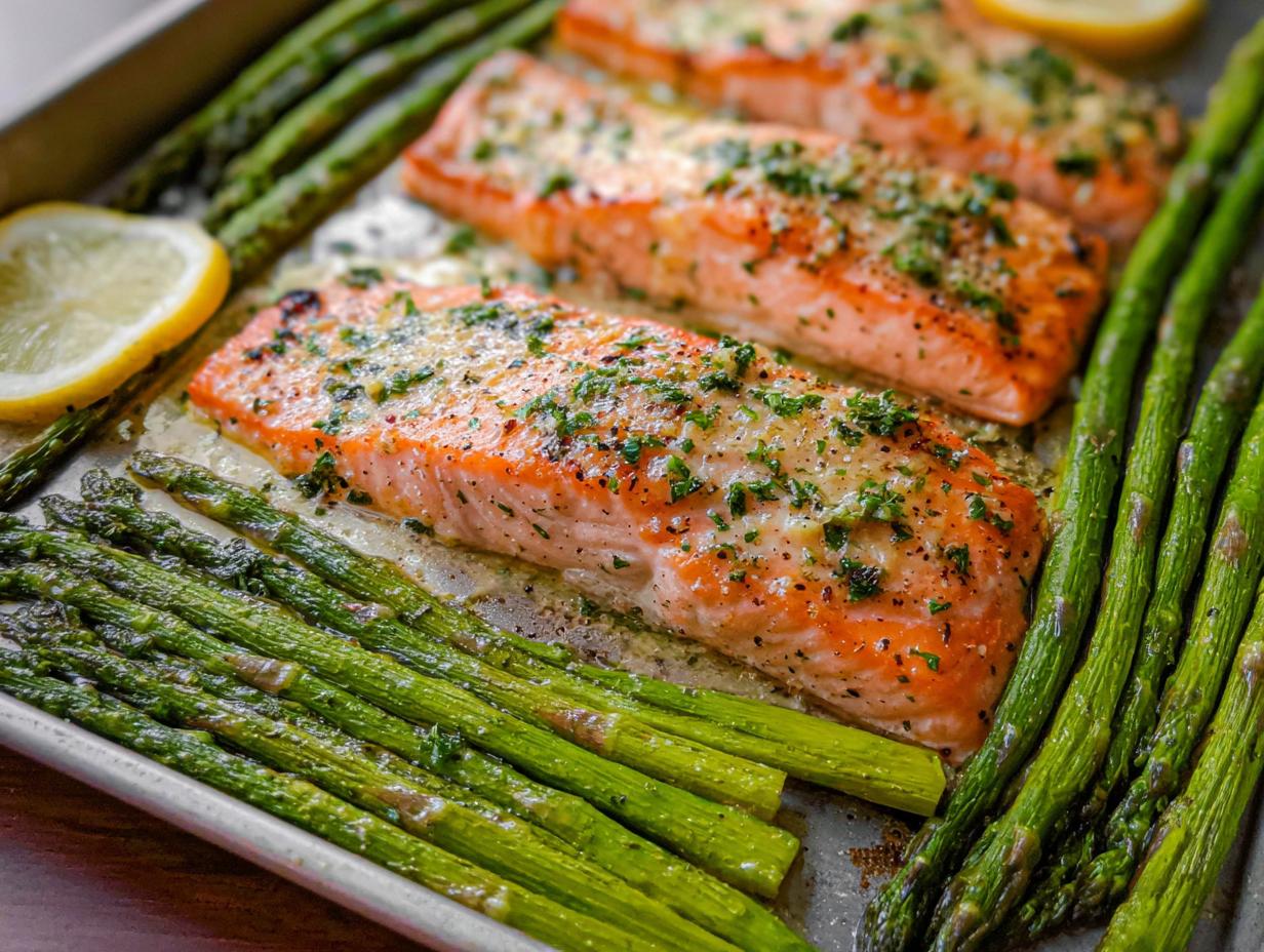 Three fillets of cooked Garlic Butter Salmon & Asparagus seasoned with herbs on a baking sheet.