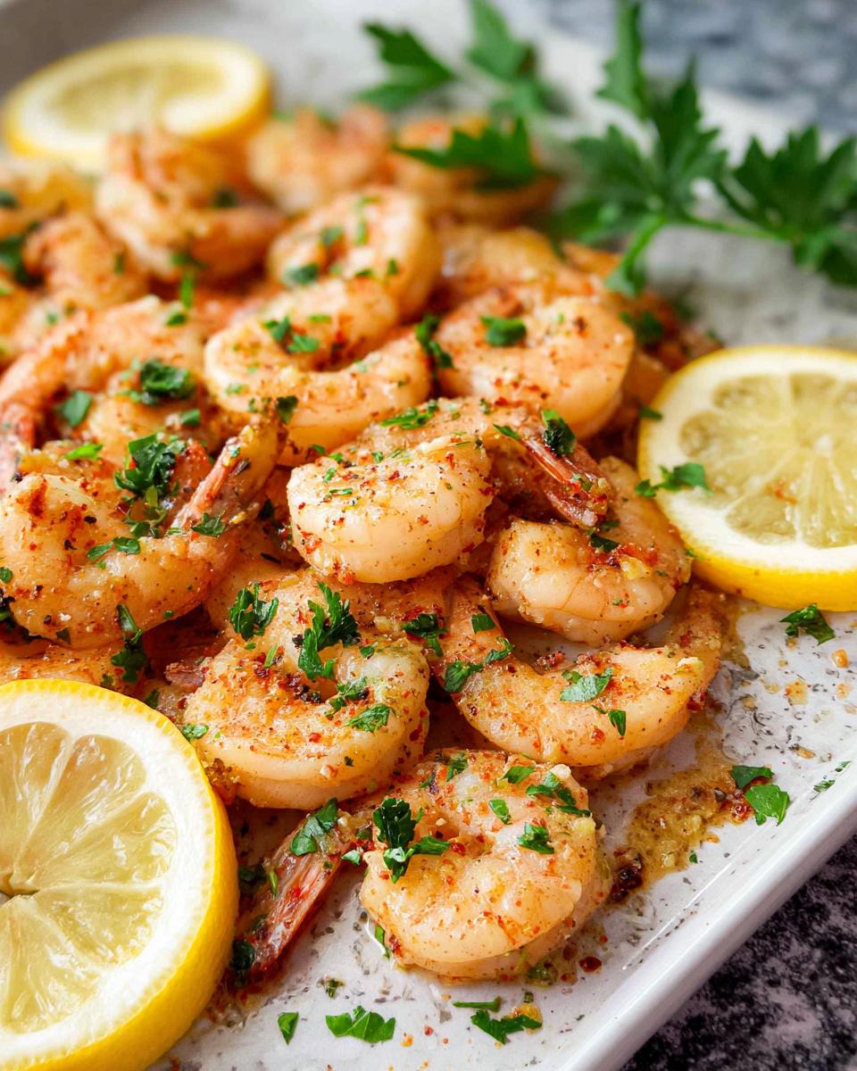 A close-up of cooked Garlic Butter Shrimp seasoned with herbs and served with fresh lemon slices.