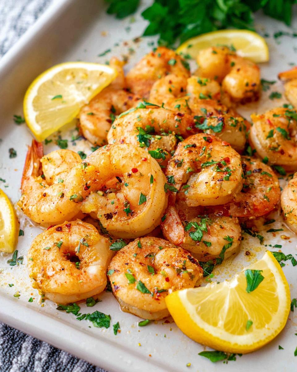 Close-up of cooked Garlic Butter Shrimp seasoned with herbs and served with lemon wedges on a white sheet pan.