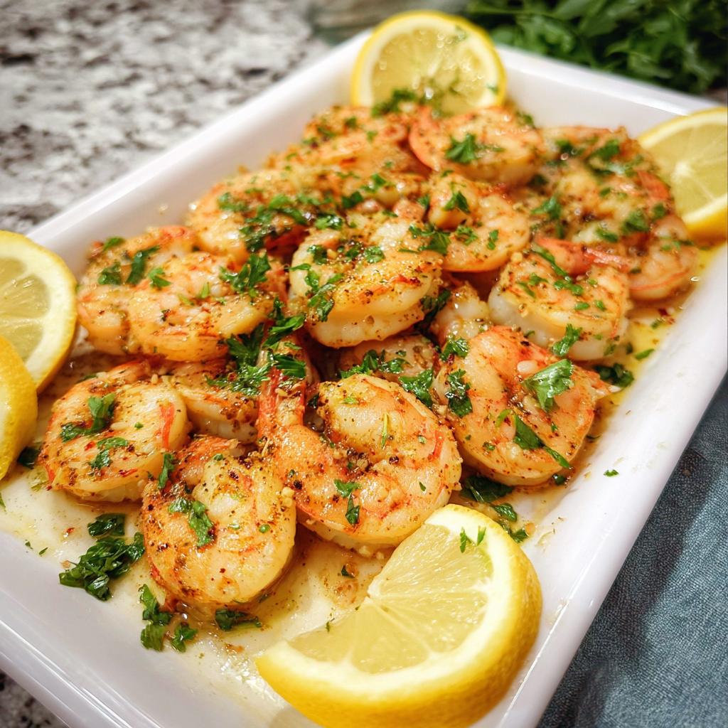 Close-up of cooked Garlic Butter Shrimp (Sheet Pan) generously seasoned and garnished with fresh parsley and lemon wedges.
