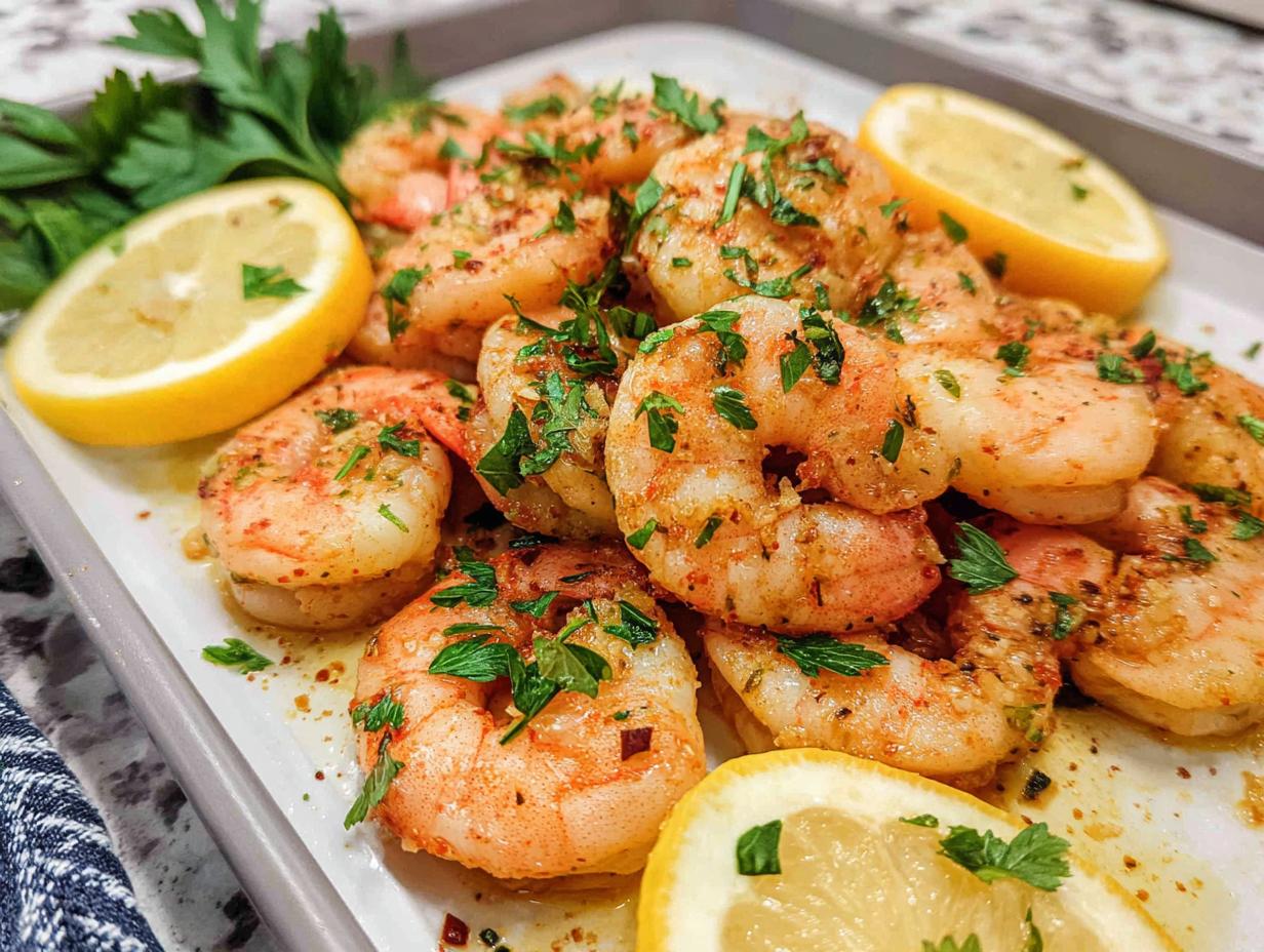 Close-up of juicy Garlic Butter Shrimp seasoned with herbs and served with fresh lemon wedges.