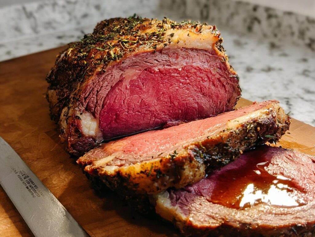 Close-up of a perfectly cooked Garlic-Herb Prime Rib with a deep red center and herb crust, sliced and drizzled with au jus.