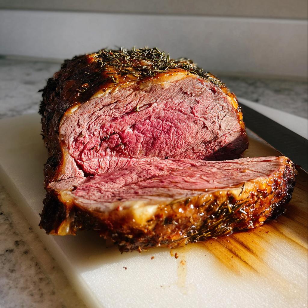 A cross-section of perfectly cooked Garlic-Herb Prime Rib with a rosy pink center and herb crust.