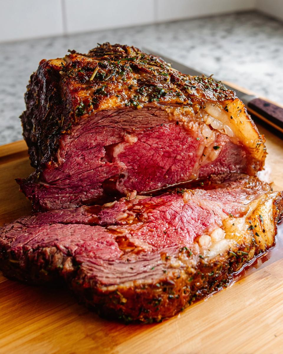 A thick slice of medium-rare Garlic-Herb Prime Rib with Au Jus resting on a wooden cutting board.