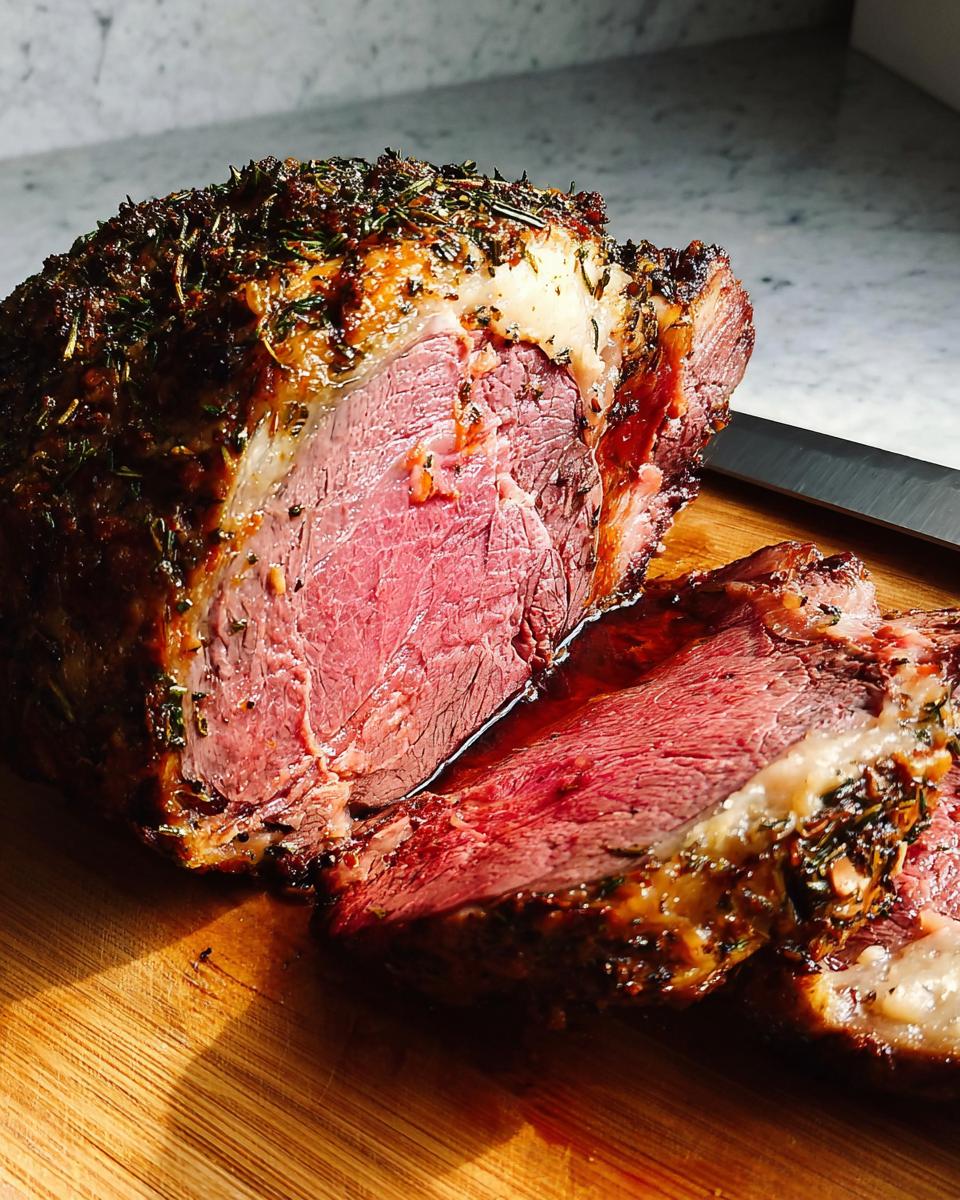 A beautifully roasted Garlic-Herb Prime Rib with a dark herb crust, showing a perfect medium-rare interior as it is being sliced.