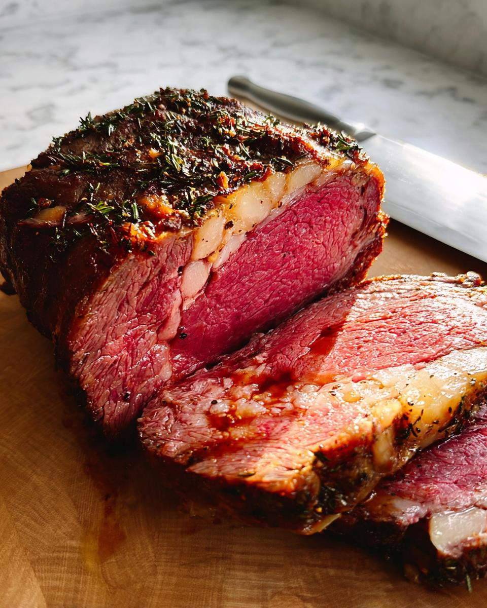 Close-up of a perfectly cooked Garlic-Herb Prime Rib with a deep red center, resting on a cutting board.