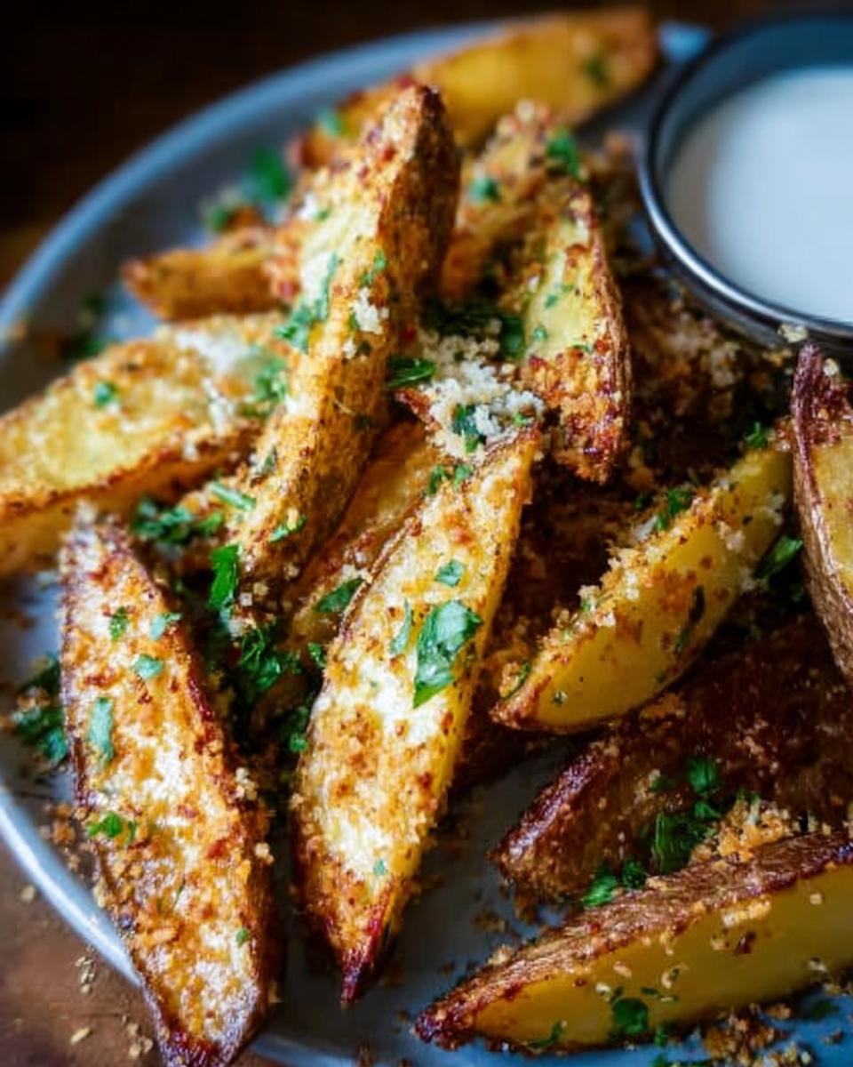 Close-up of crispy, golden Garlic Parmesan Potato Wedges sprinkled with cheese and parsley, served with a side of white dipping sauce.