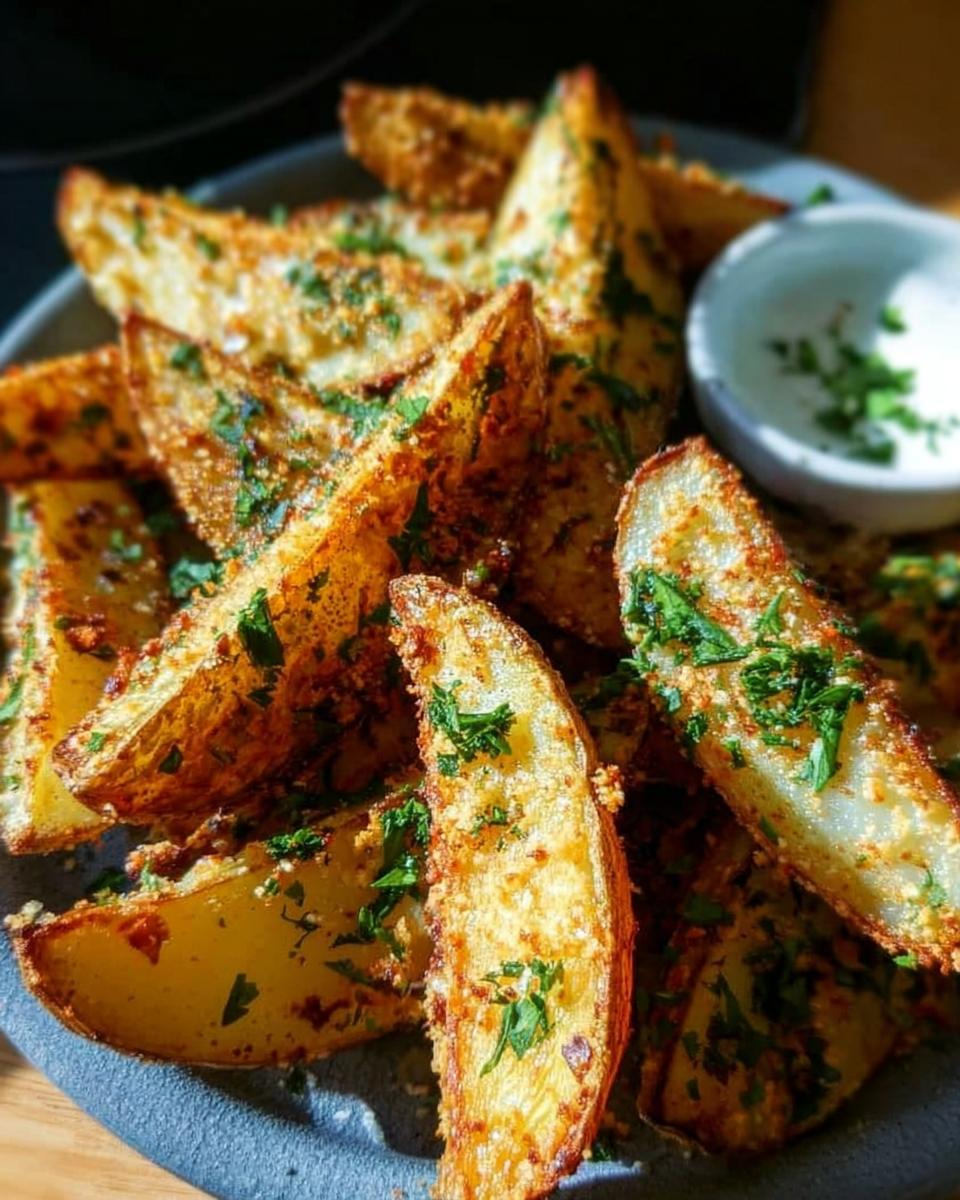 A close-up of golden brown Garlic Parmesan Potato Wedges sprinkled with fresh parsley, served with a small dipping sauce.