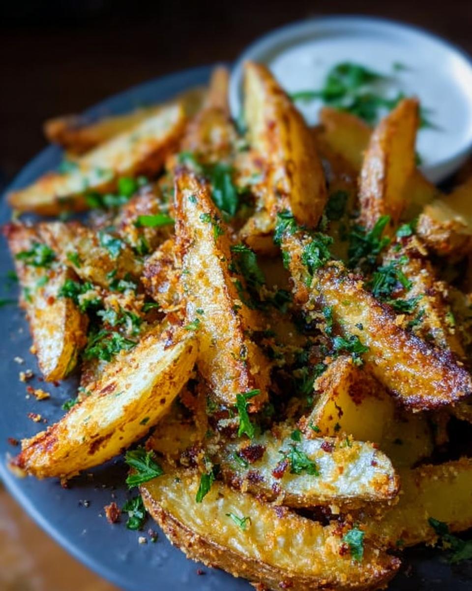 A close-up of crispy Garlic Parmesan Potato Wedges piled on a dark plate, topped with fresh parsley.