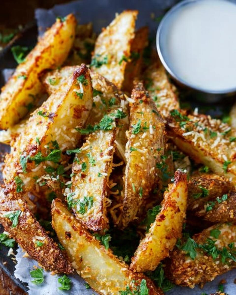 A pile of crispy, golden Garlic Parmesan Potato Wedges topped with grated cheese and fresh parsley, served with a side of white dipping sauce.