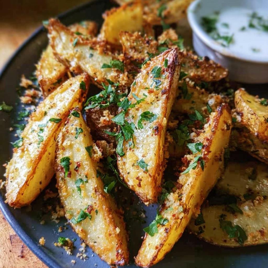 Close-up of crispy Garlic Parmesan Potato Wedges sprinkled with fresh parsley and served with a dipping sauce.