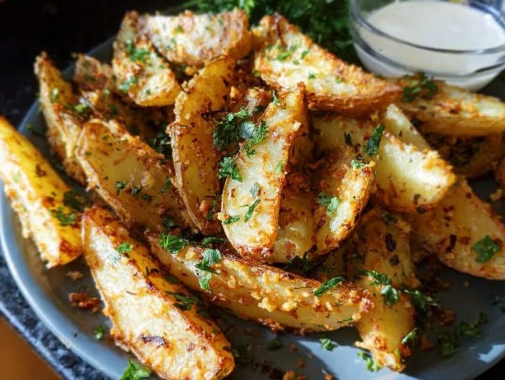 A close-up of crispy, golden Garlic Parmesan Potato Wedges sprinkled with fresh parsley, served with a side of dipping sauce.