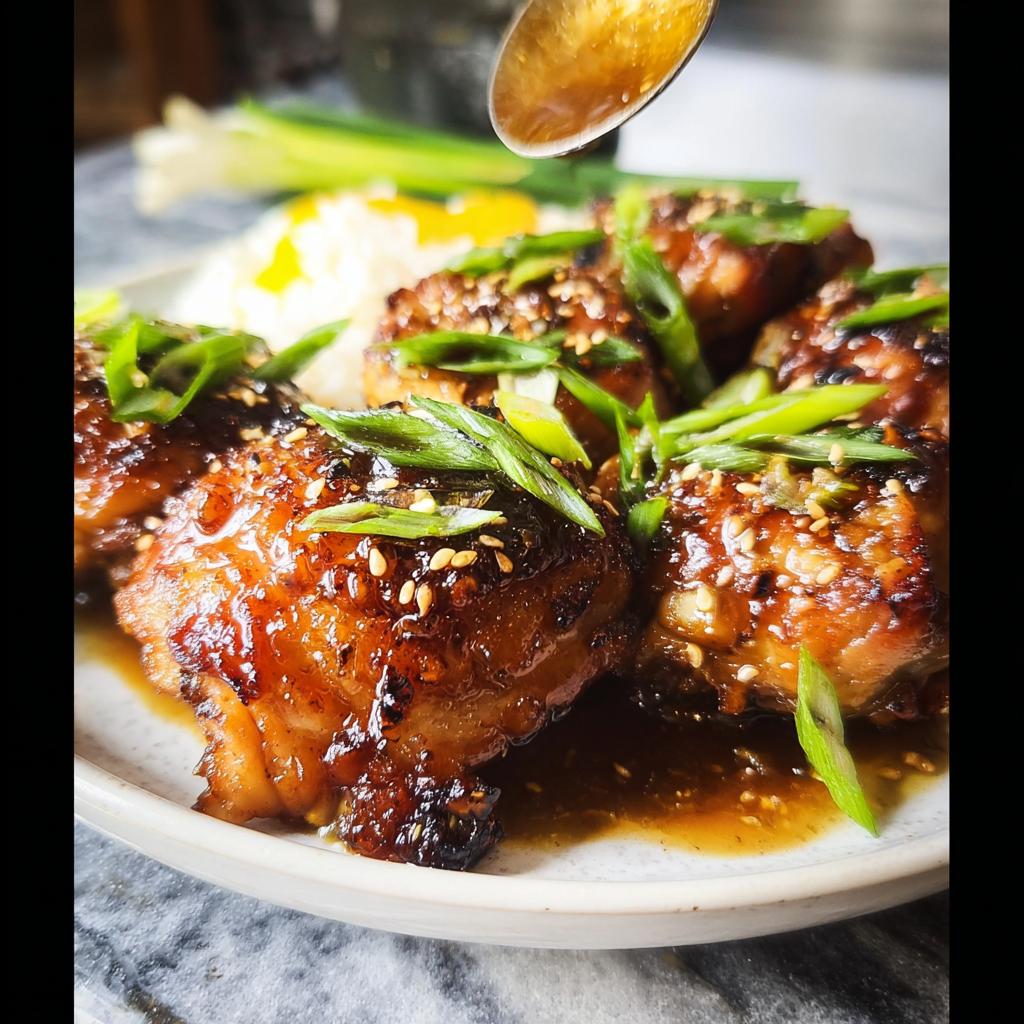 Close-up of glazed chicken thighs, a delicious option for chicken thigh recipes for busy weeknights, topped with sesame seeds and green onions.