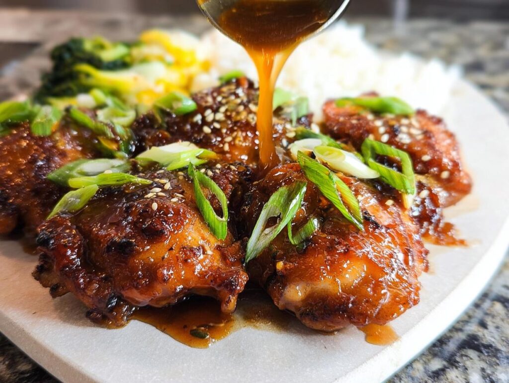 Pouring glaze over delicious chicken thighs, a perfect meal-prep option for busy weeknights.