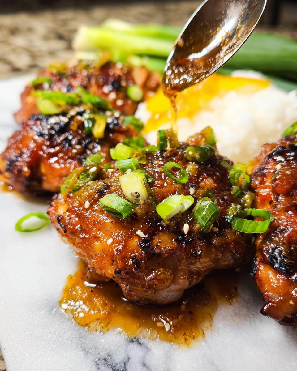 Close-up of glazed chicken thighs, a popular choice for chicken thigh recipes for busy weeknights, topped with scallions and sesame seeds.