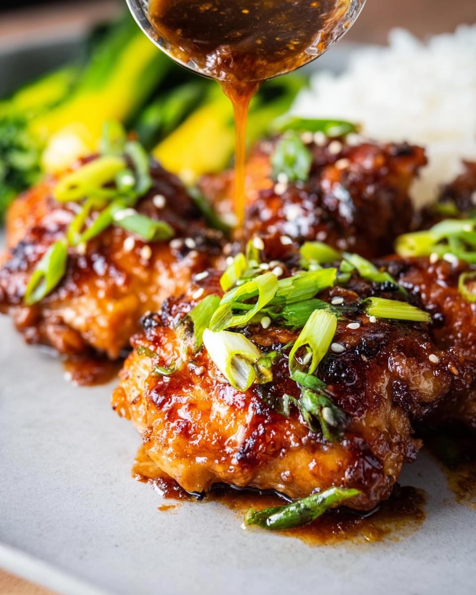 Pouring glossy sauce over tender chicken thighs, garnished with green onions and sesame seeds.