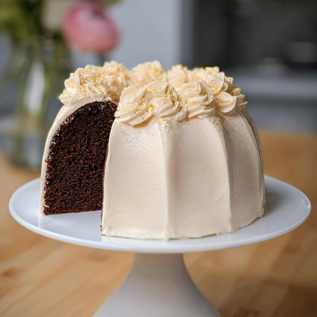 A rich, dark chocolate Gold-Dusted Bundt Cake with a slice removed, showing the interior texture and creamy frosting.