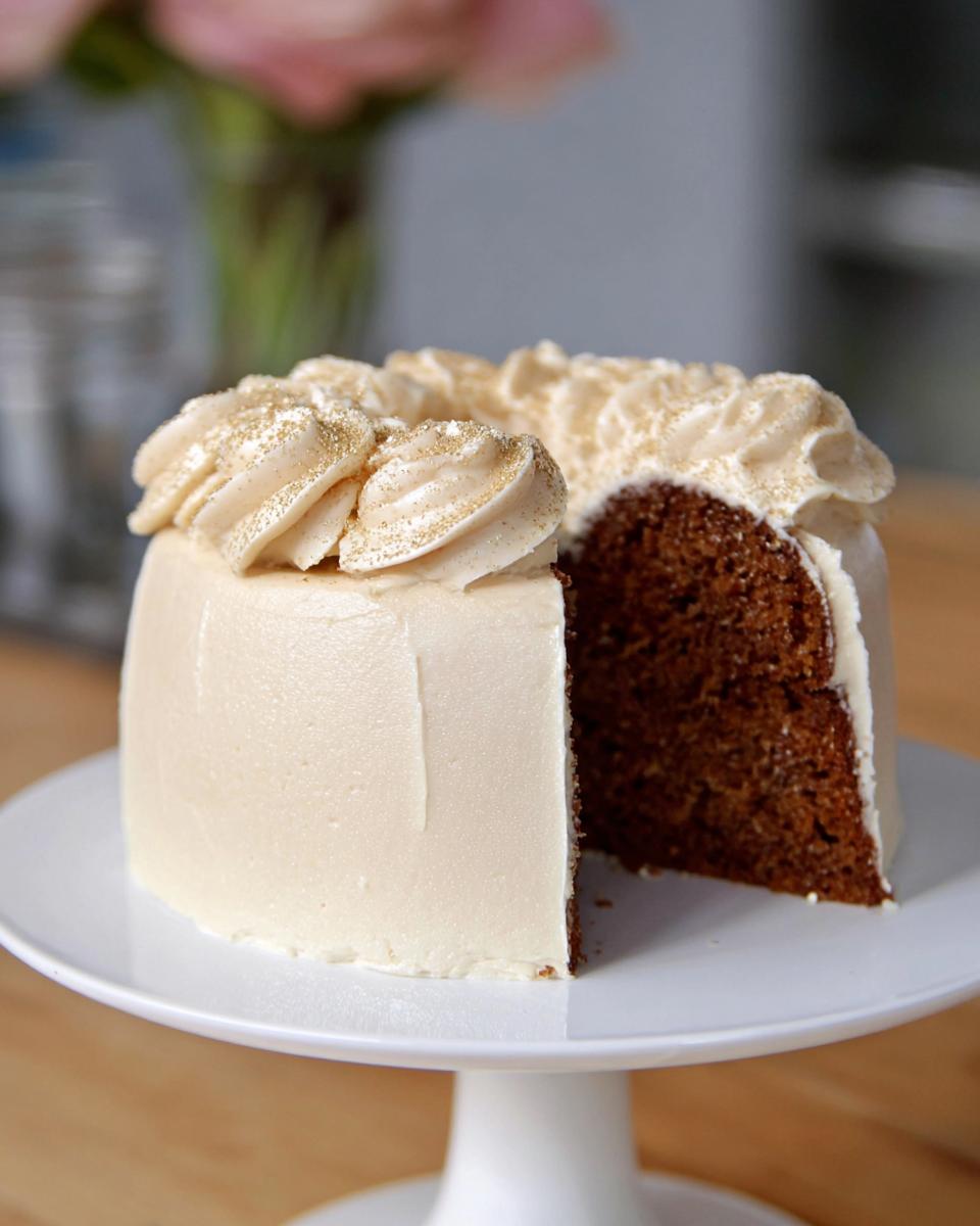 A slice cut from a richly frosted Gold-Dusted Bundt Cake, showing the dark interior crumb and piped frosting.