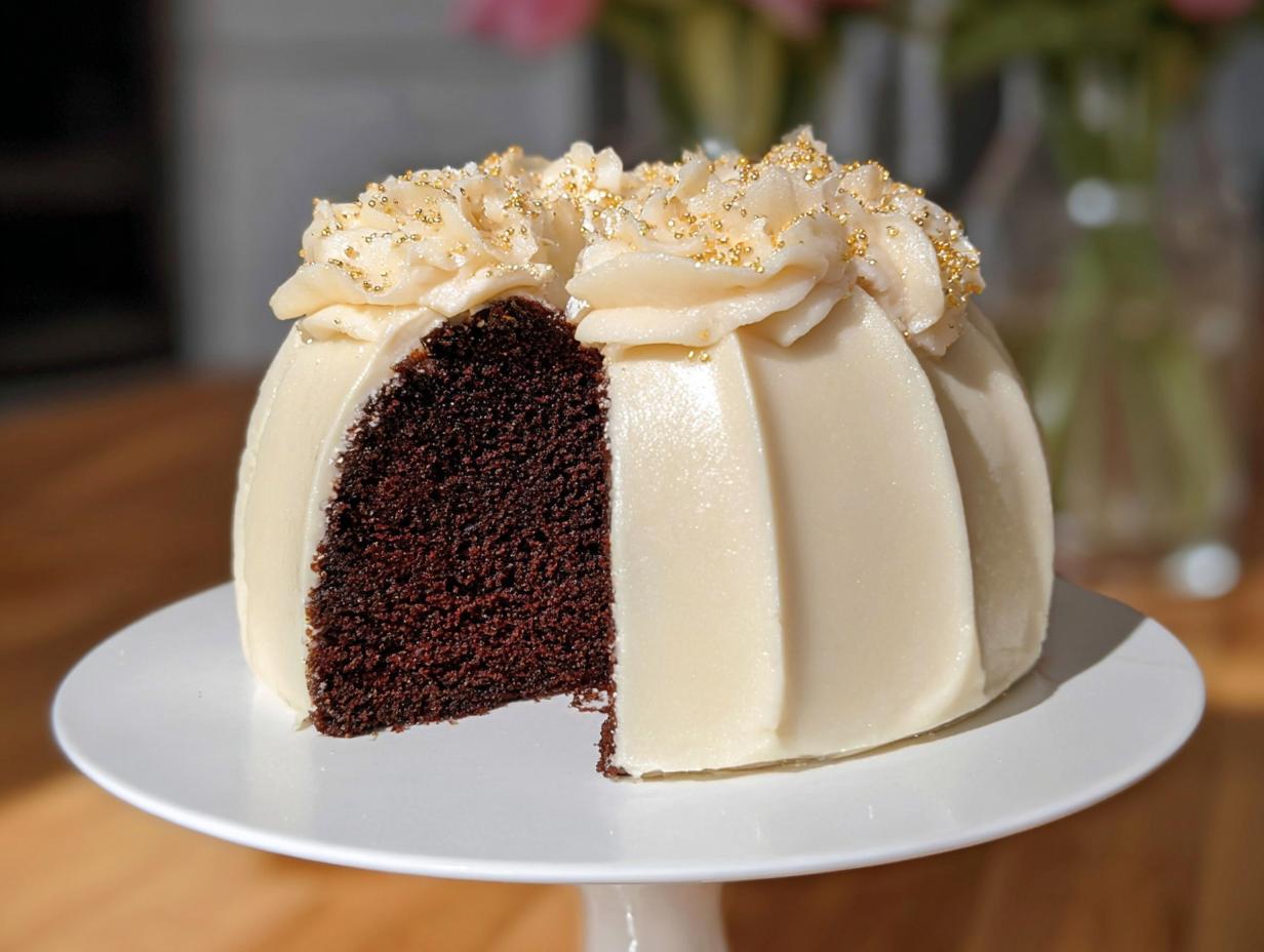 A slice removed from a rich chocolate Gold-Dusted Bundt Cake, revealing the dark interior and white frosting with gold sprinkles.