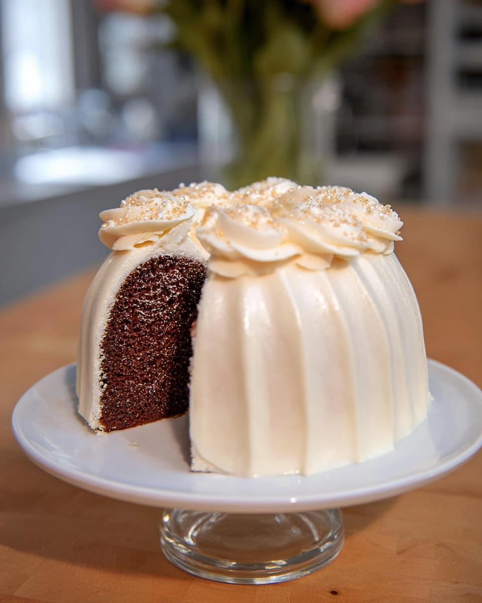 A slice removed from a small, white-glazed Gold-Dusted Bundt Cake revealing a dark chocolate interior and piped frosting.