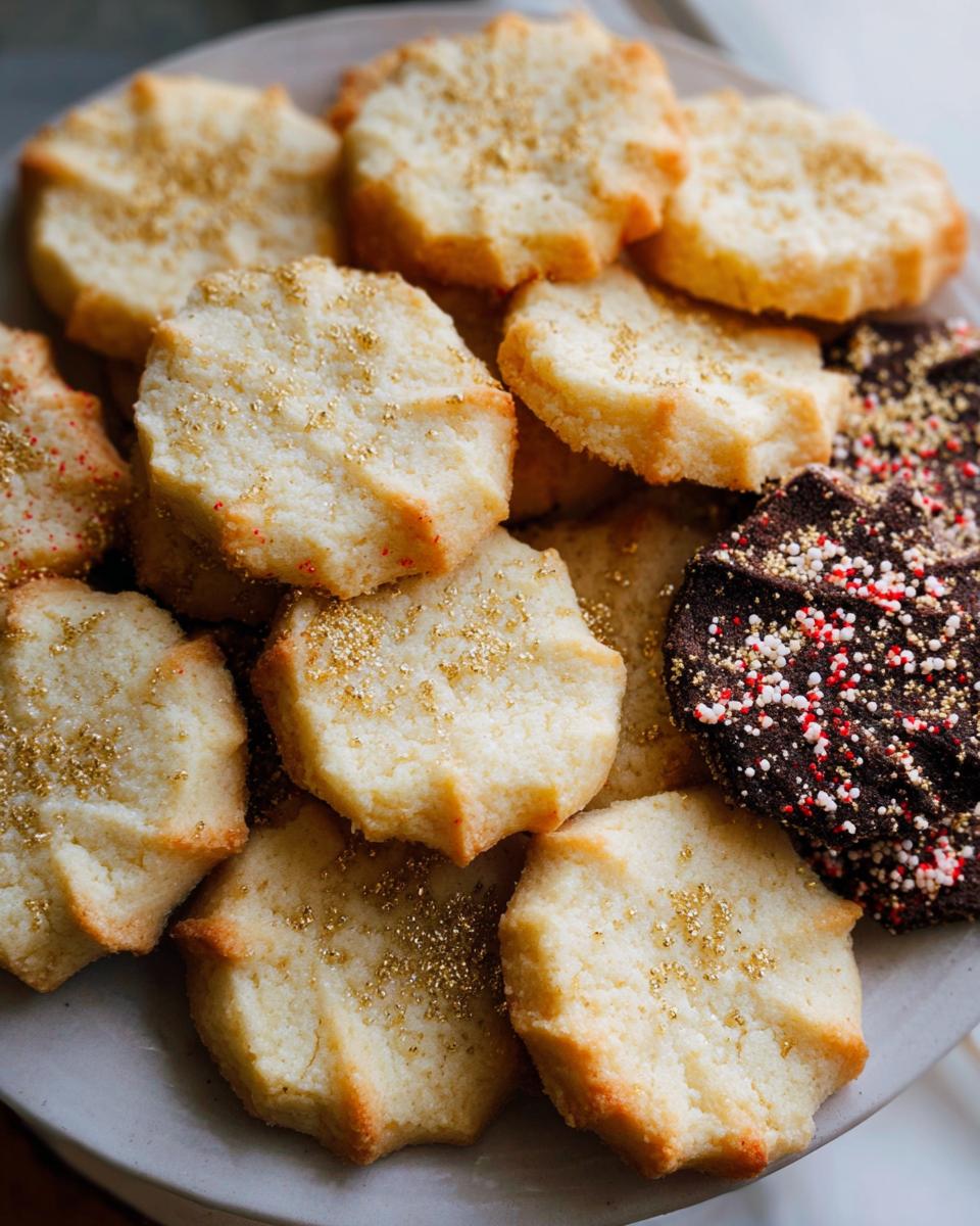A close-up of assorted Gold-Dusted Shortbread cookies, mostly vanilla with gold sprinkles, and one chocolate cookie with red and white sprinkles.