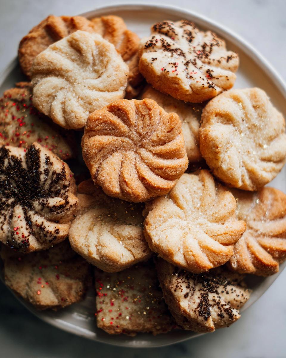 A close-up pile of freshly baked Gold-Dusted Shortbread cookies with various toppings like sprinkles and edible glitter.