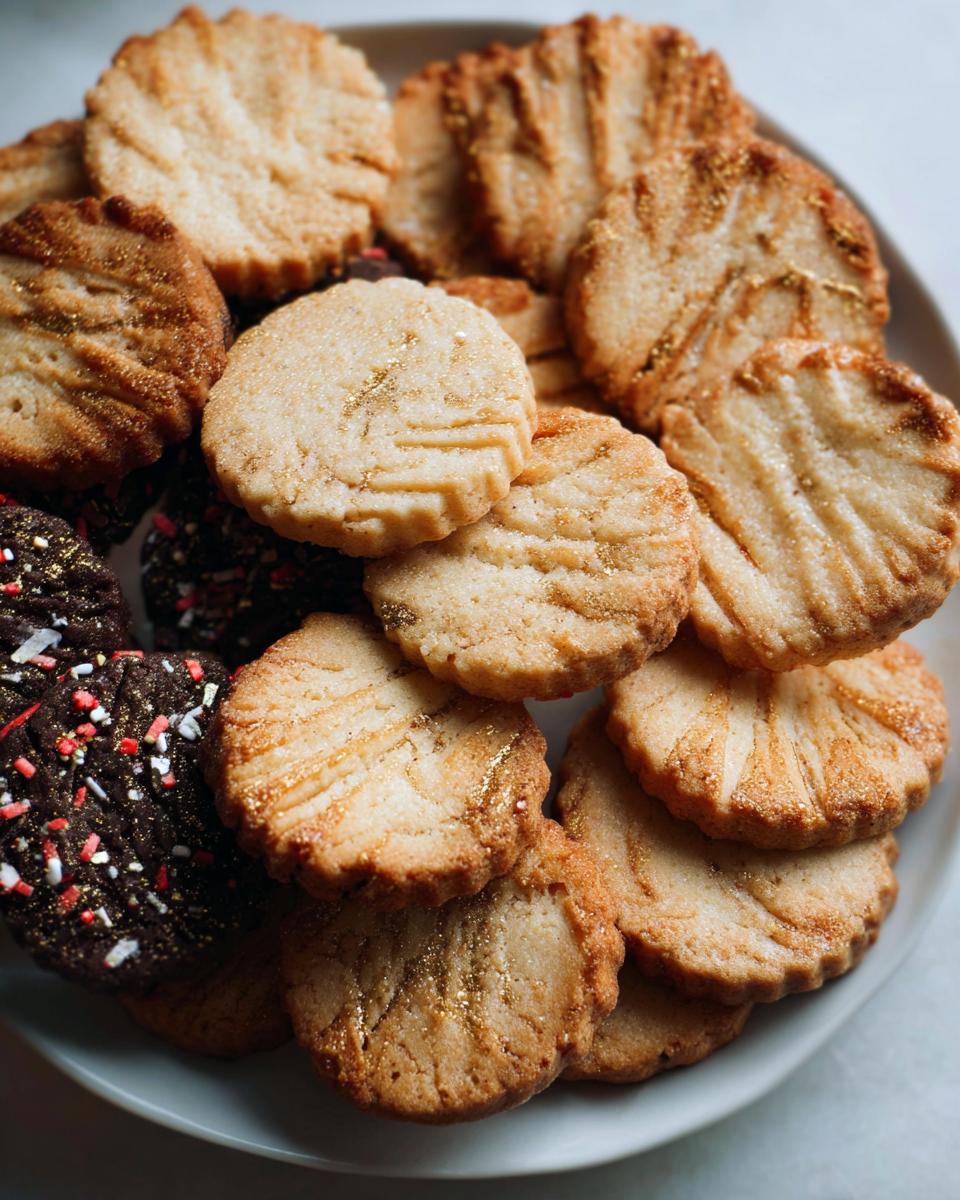 A close-up of assorted Gold-Dusted Shortbread cookies, some plain and some chocolate with sprinkles, piled on a light plate.
