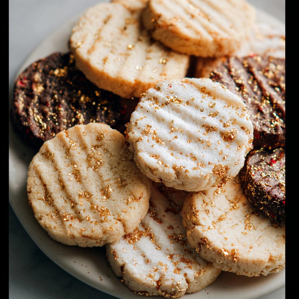 A close-up of assorted Gold-Dusted Shortbread cookies, both plain and chocolate, sprinkled with edible gold flakes.