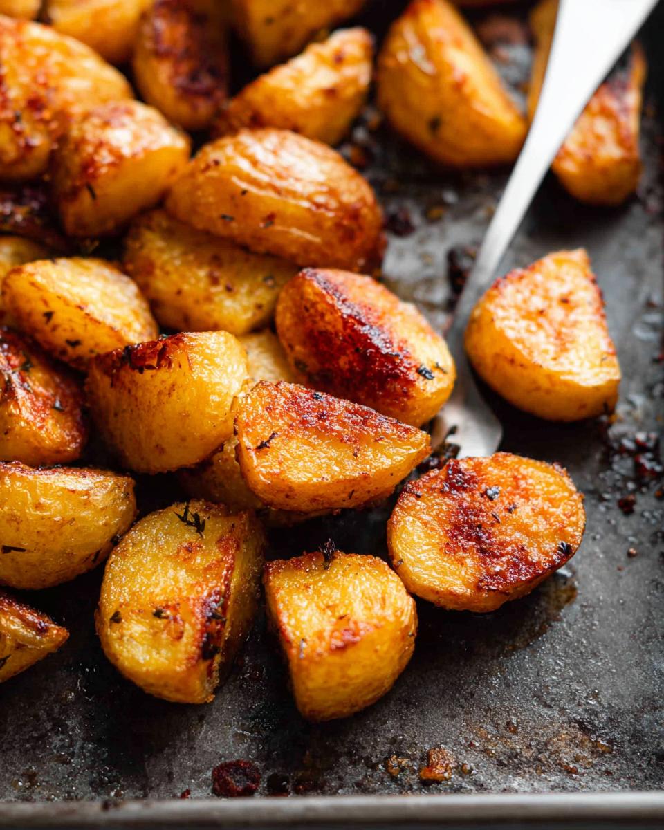 Close-up of perfectly golden and crispy roasted potatoes with browned edges on a dark baking sheet.
