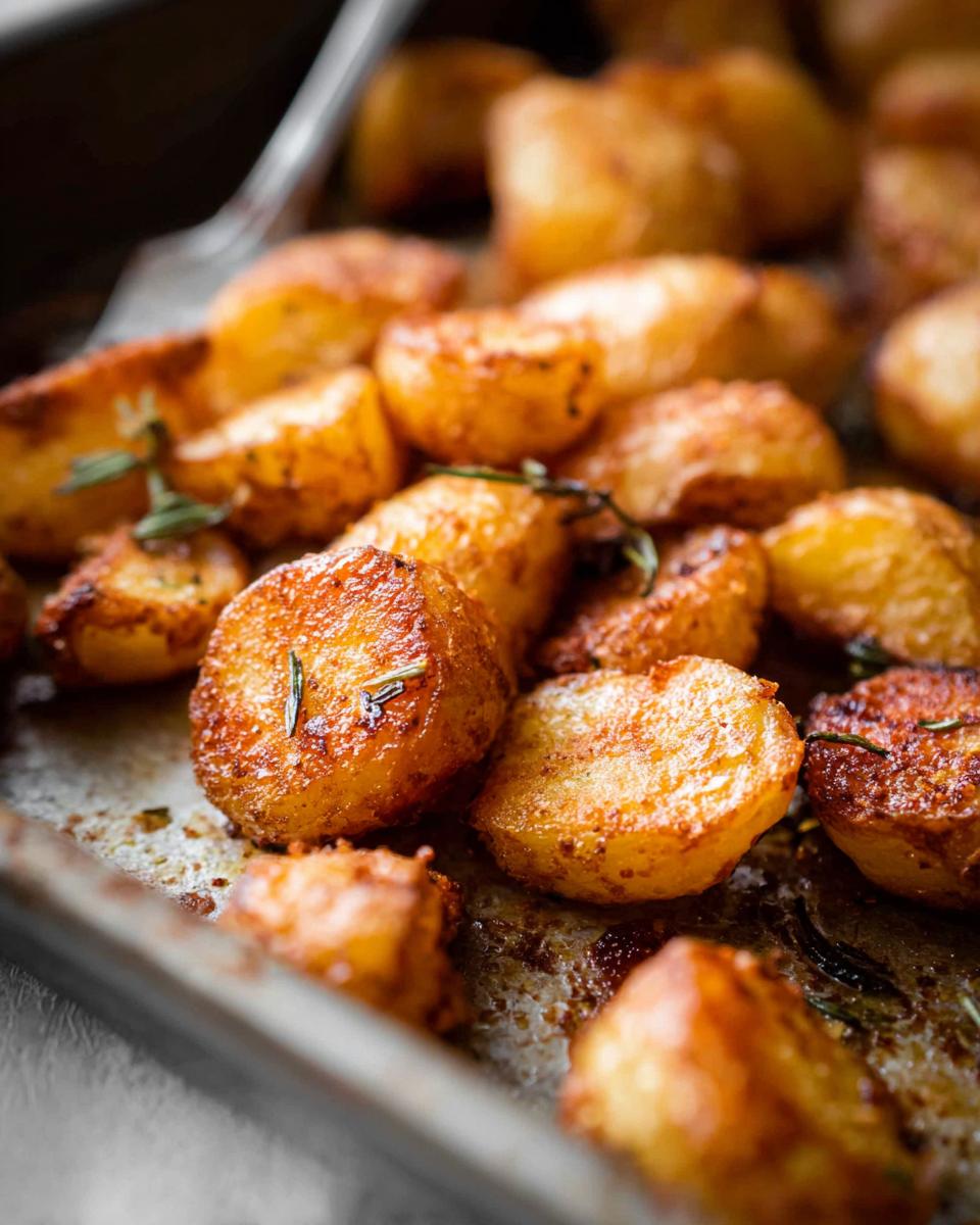Close-up of golden brown, perfectly Crispy Roasted Potatoes seasoned with rosemary on a baking sheet.