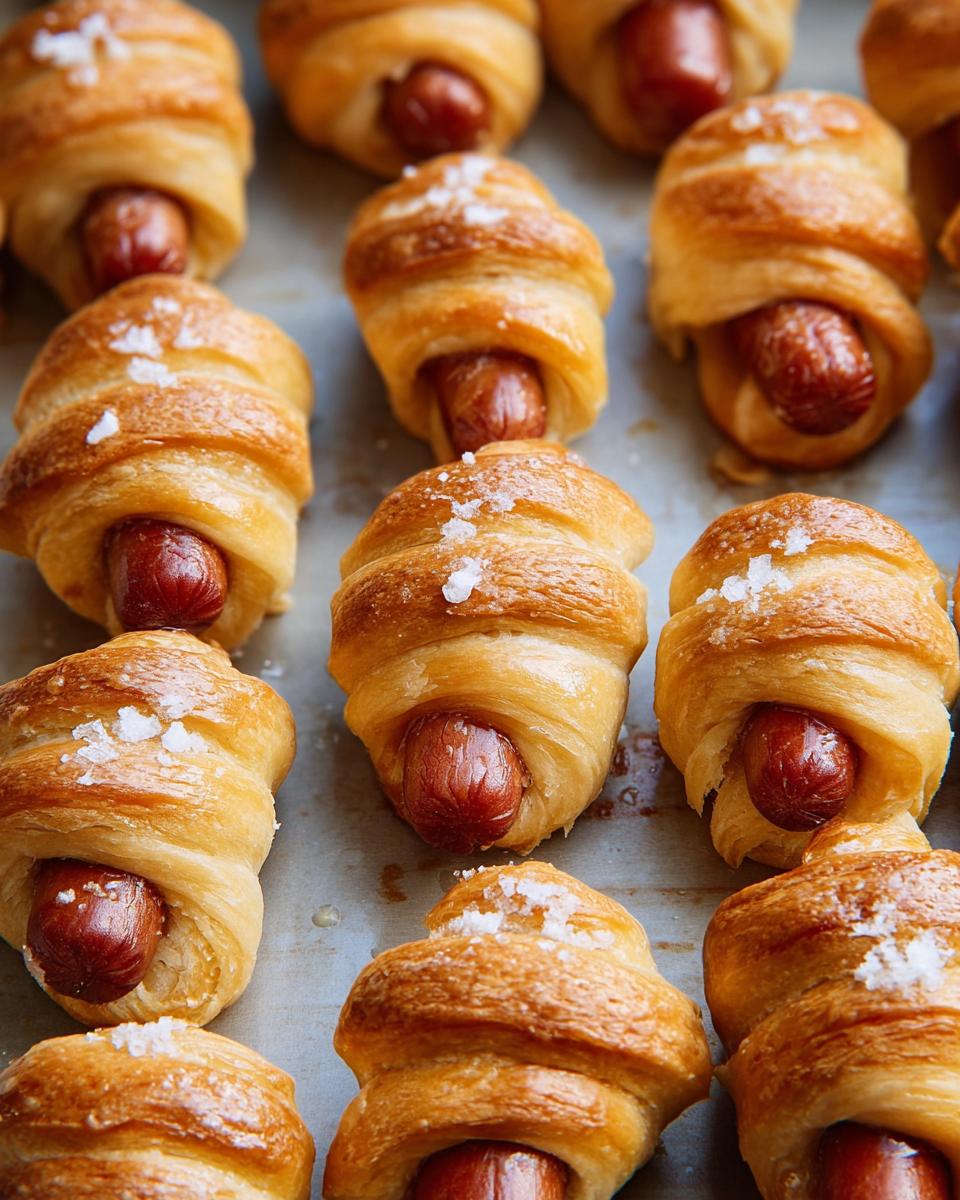 Close-up of freshly baked Mini Pigs in a Blanket, wrapped in golden pastry and sprinkled with coarse salt.