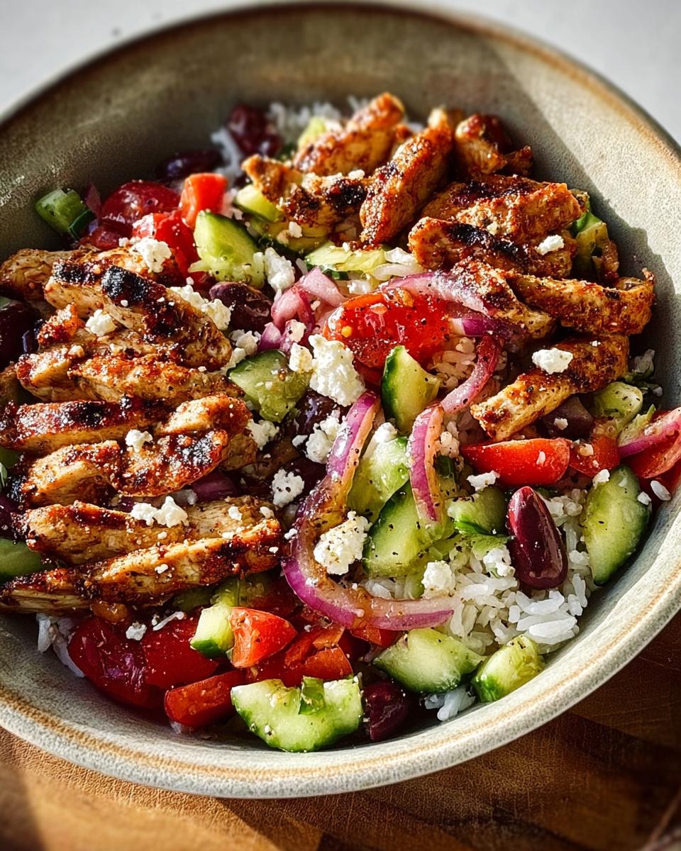 Close-up of a bowl featuring seasoned sliced chicken, rice, cucumbers, tomatoes, red onion, feta, and Kalamata olives in Greek Chicken Salad Bowls.