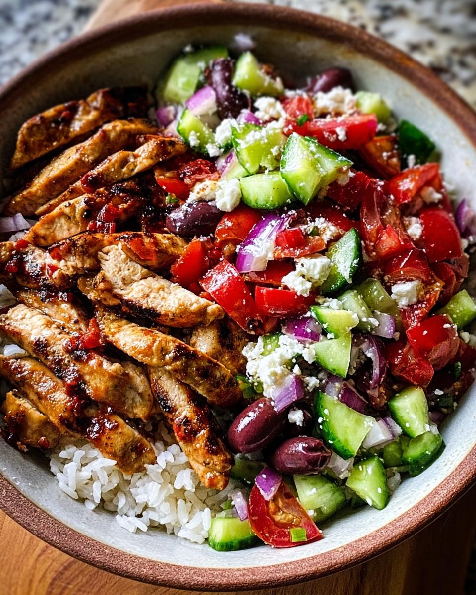 Close-up of a ready-to-eat Greek Chicken Salad Bowls featuring sliced grilled chicken, rice, cucumber, tomato, olives, and feta.