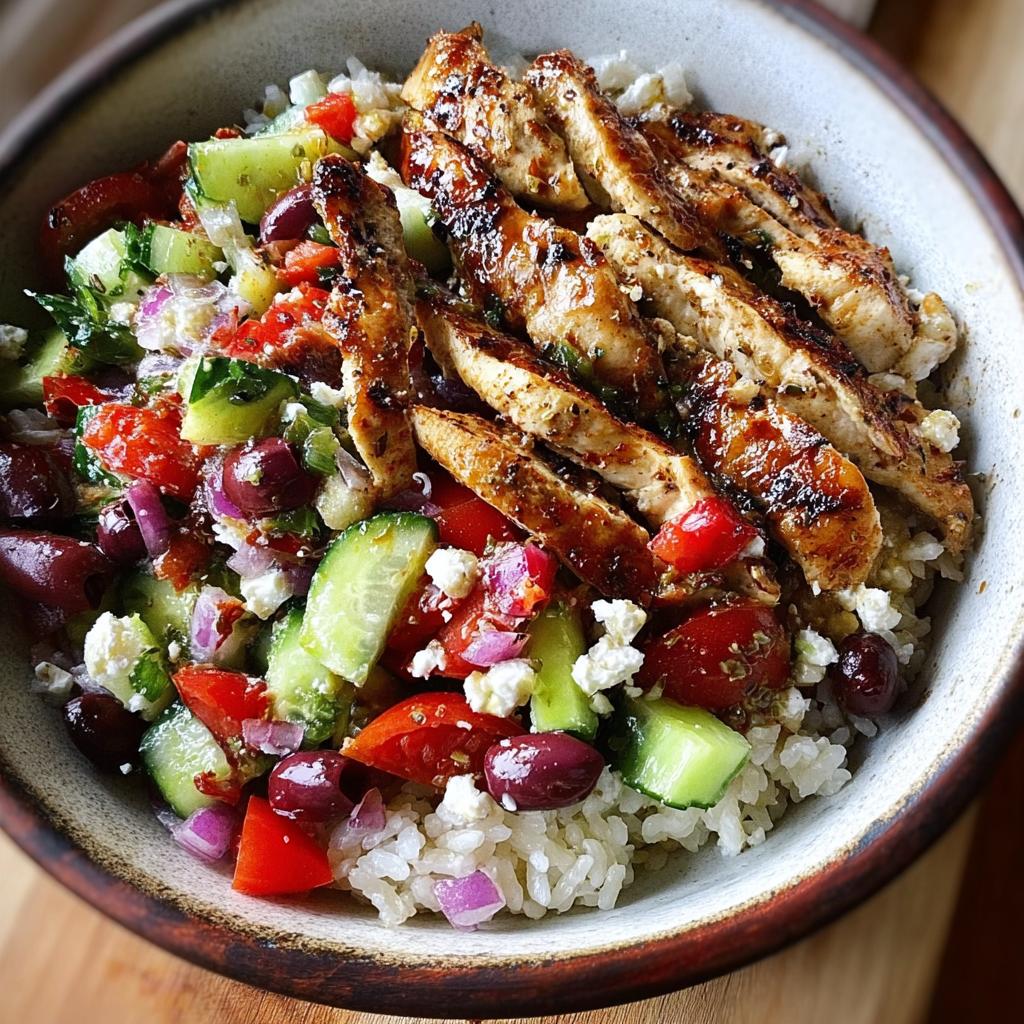 Close-up of a Greek Chicken Salad Bowl featuring sliced grilled chicken over rice, topped with cucumber, tomato, olives, feta, and red onion.