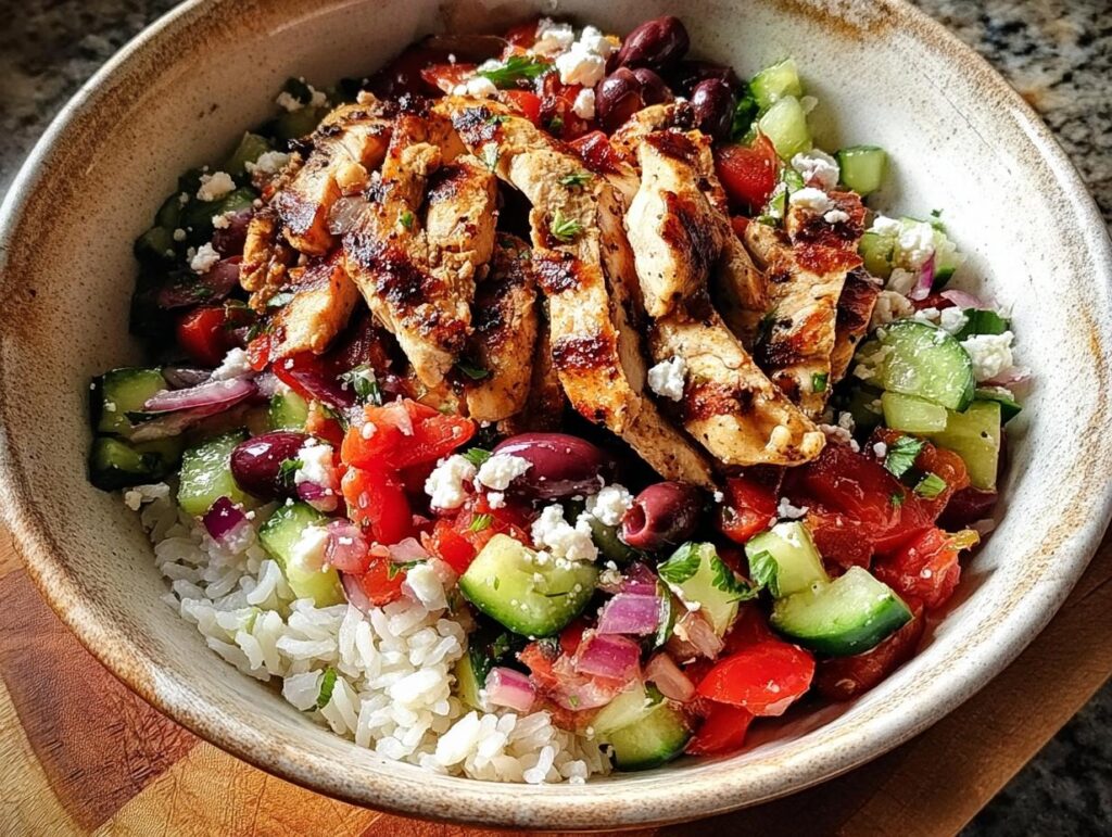 A close-up of a bowl featuring grilled sliced chicken over rice, topped with cucumber, tomato, feta, and Kalamata olives in a Greek Chicken Salad Bowls.