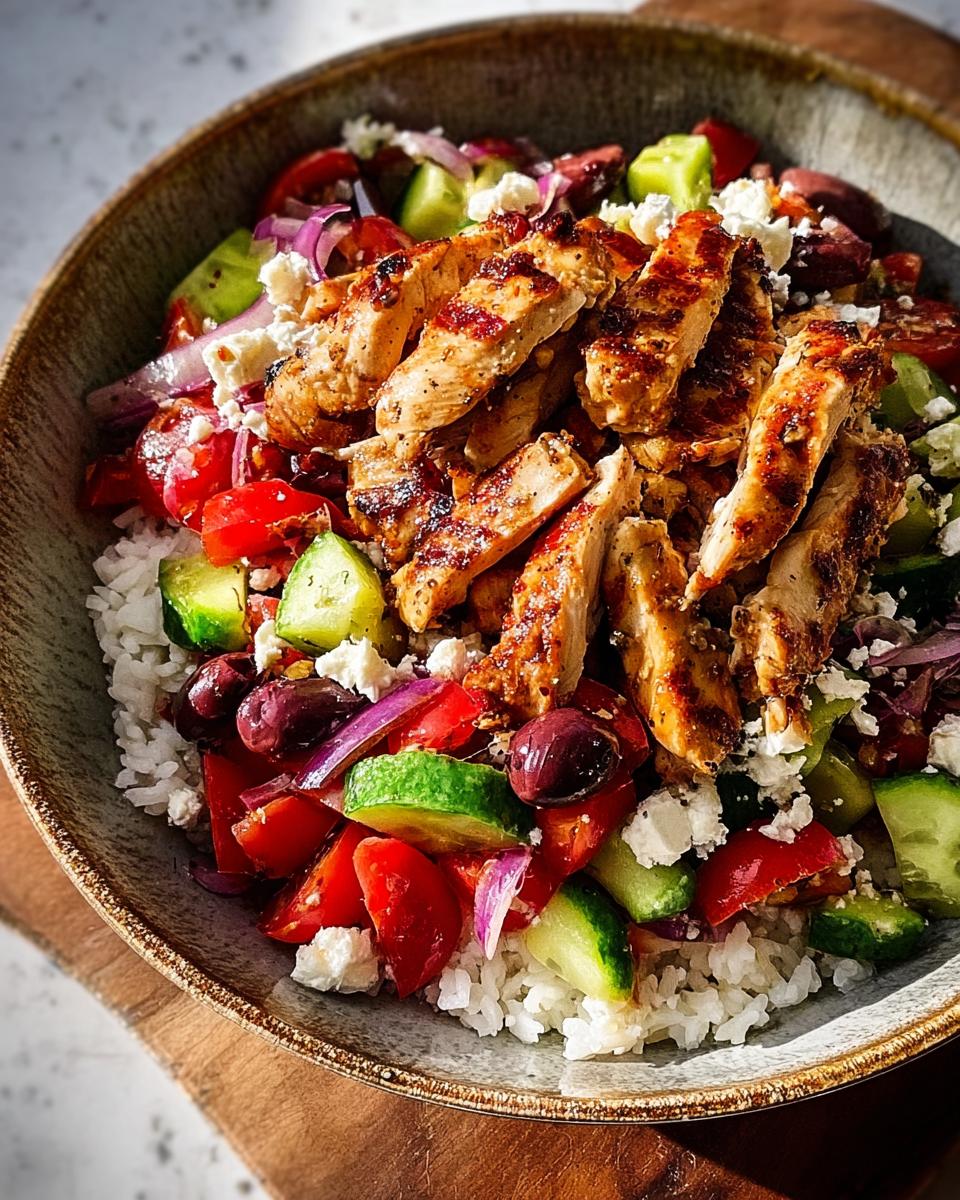 Close-up of Greek Chicken Salad Bowls featuring grilled chicken slices over rice, tomatoes, cucumbers, feta, and olives.