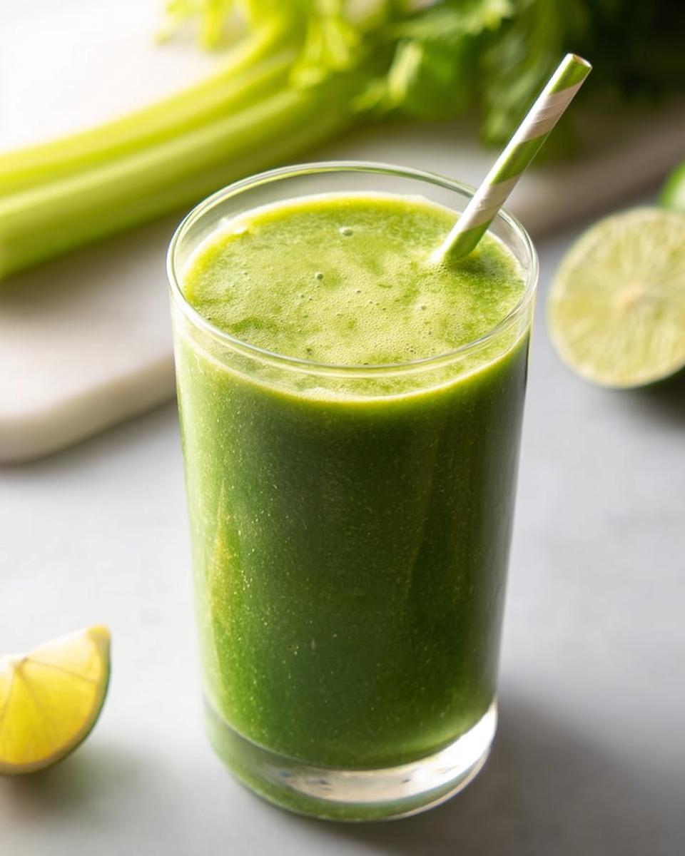 A tall glass filled with a vibrant Green Detox Smoothie, garnished with a striped straw and lime wedges.