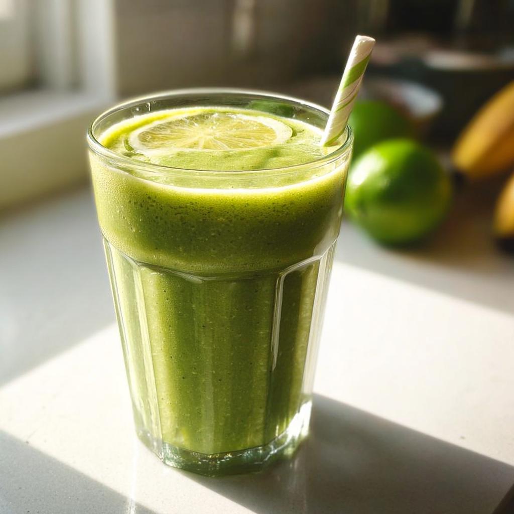 A tall glass filled with a thick, vibrant Green Detox Smoothie, garnished with a lime slice and a striped straw.