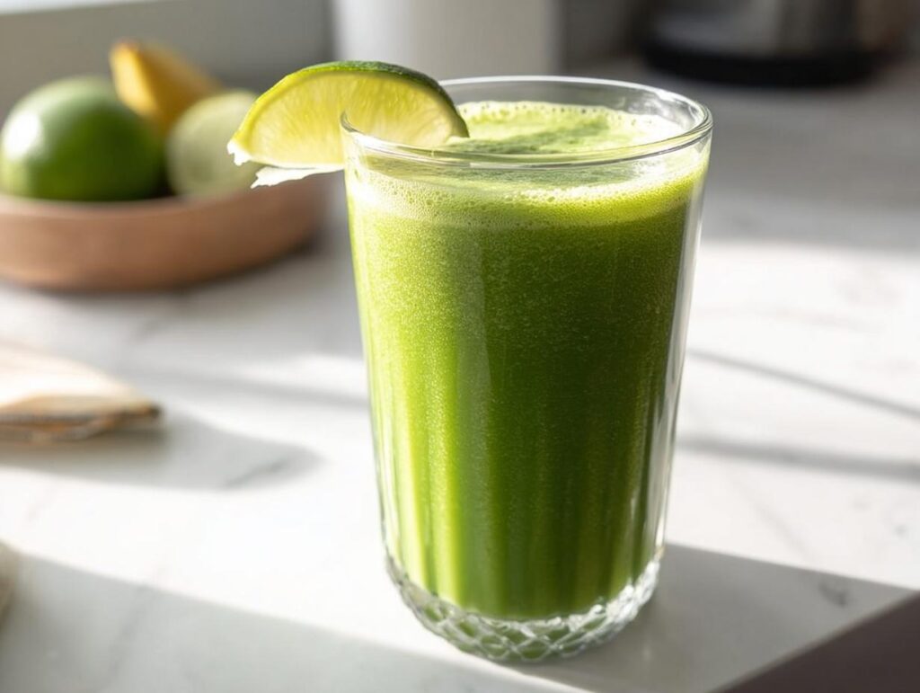 A tall glass filled with a vibrant Green Detox Smoothie, garnished with a fresh lime wedge.