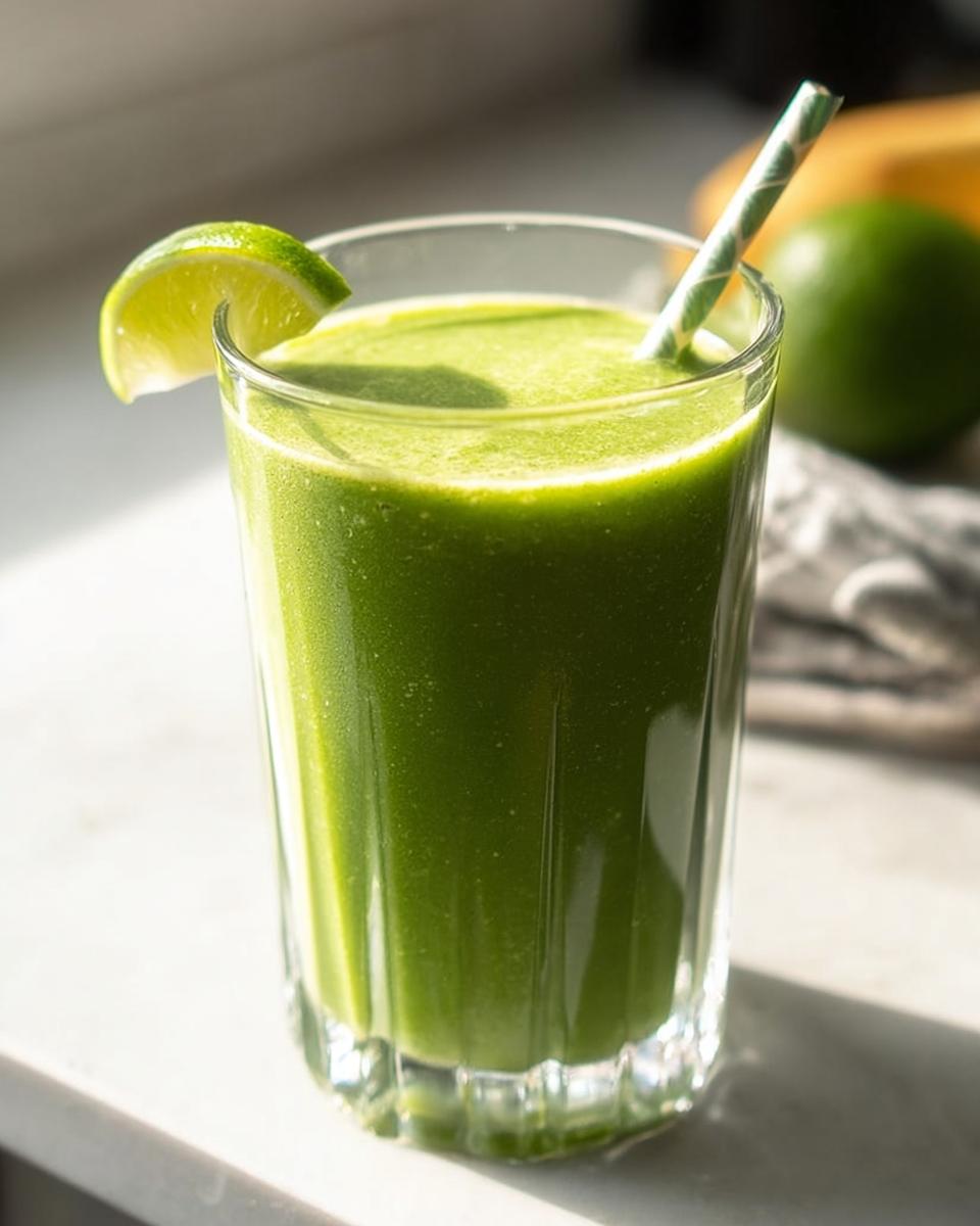 A tall glass filled with a vibrant Green Detox Smoothie, garnished with a lime wedge and a striped straw.