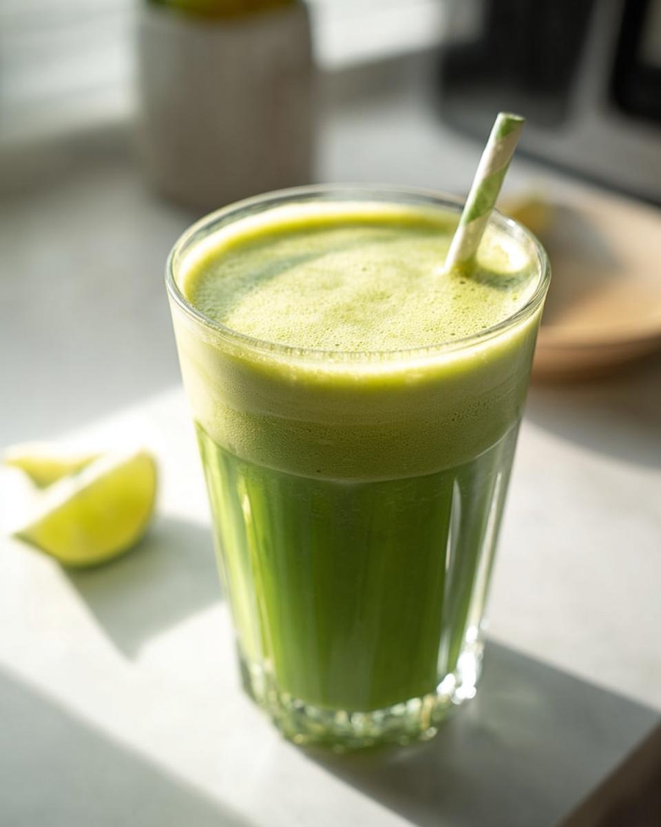 A tall glass filled with a vibrant Green Detox Smoothie, topped with foam and a striped straw, next to a lime wedge.