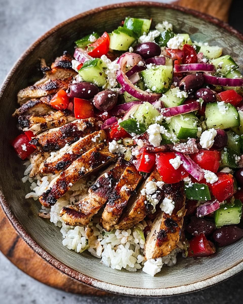 Close-up of sliced grilled chicken served over rice, topped with a fresh Greek salad mix for Greek Chicken Salad Bowls.