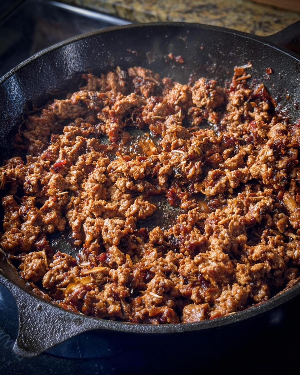 Close-up of ground beef browning in a cast iron skillet, part of the Ultimate Ground Beef Recipes Guide.