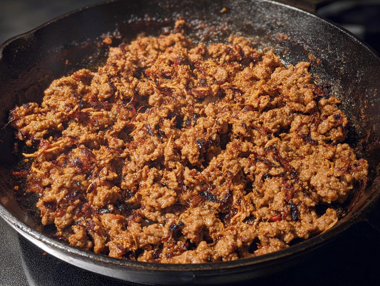 Close-up of ground beef browning in a cast iron skillet, part of ultimate ground beef recipes guide.