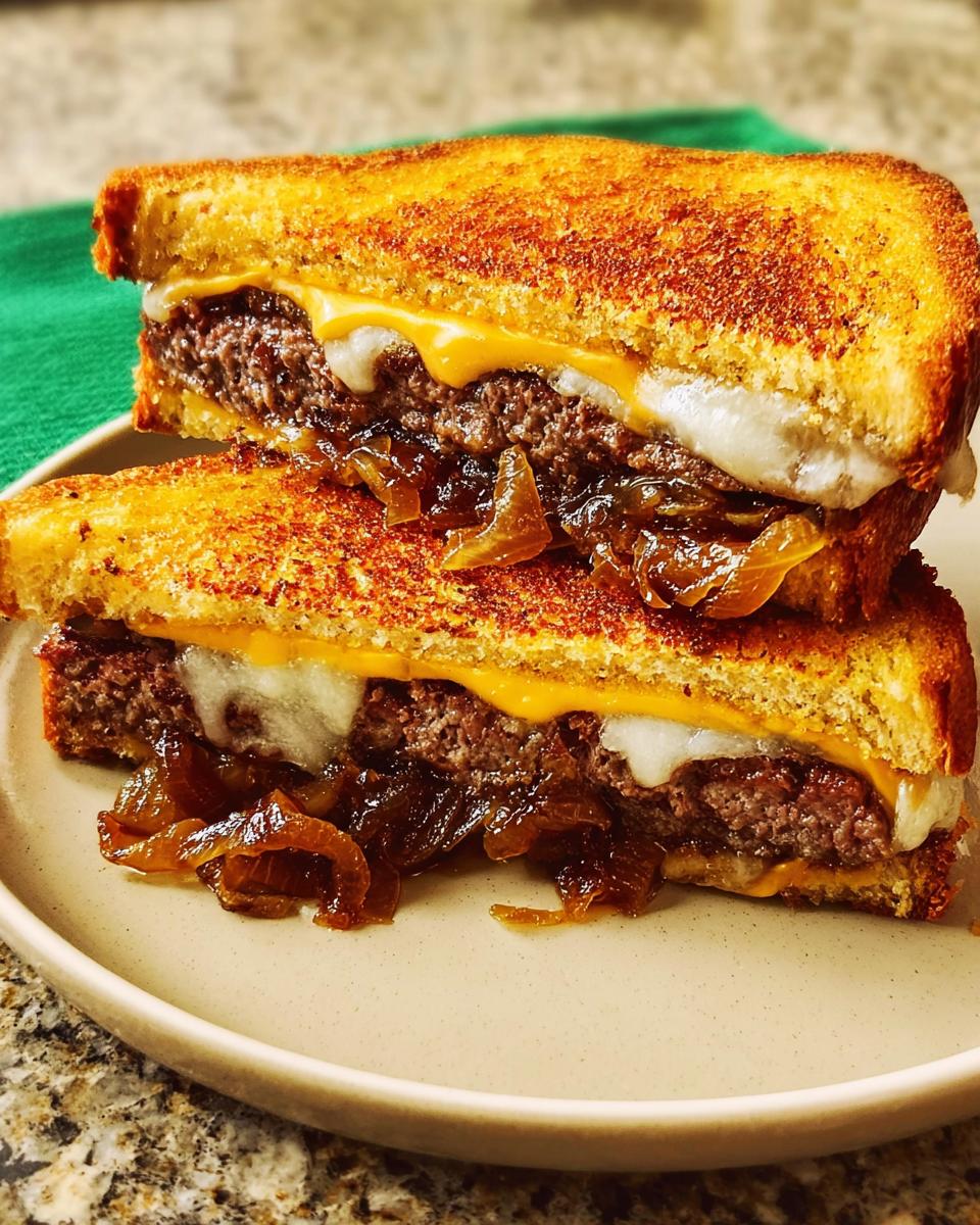 A close-up of a juicy ground beef patty melt sandwich, featuring crispy grilled bread, melted cheese, and caramelized onions.