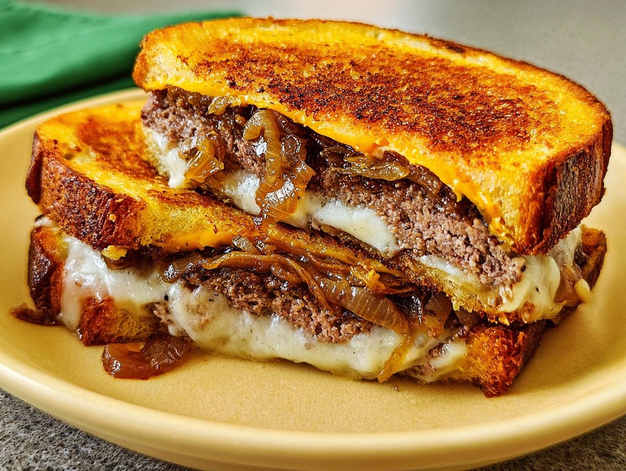 A close-up of a juicy ground beef patty melt sandwich with melted cheese and caramelized onions on toasted bread.
